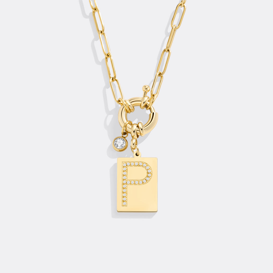 Gold Pave Initial Pendant Necklace with Paperclip Chain