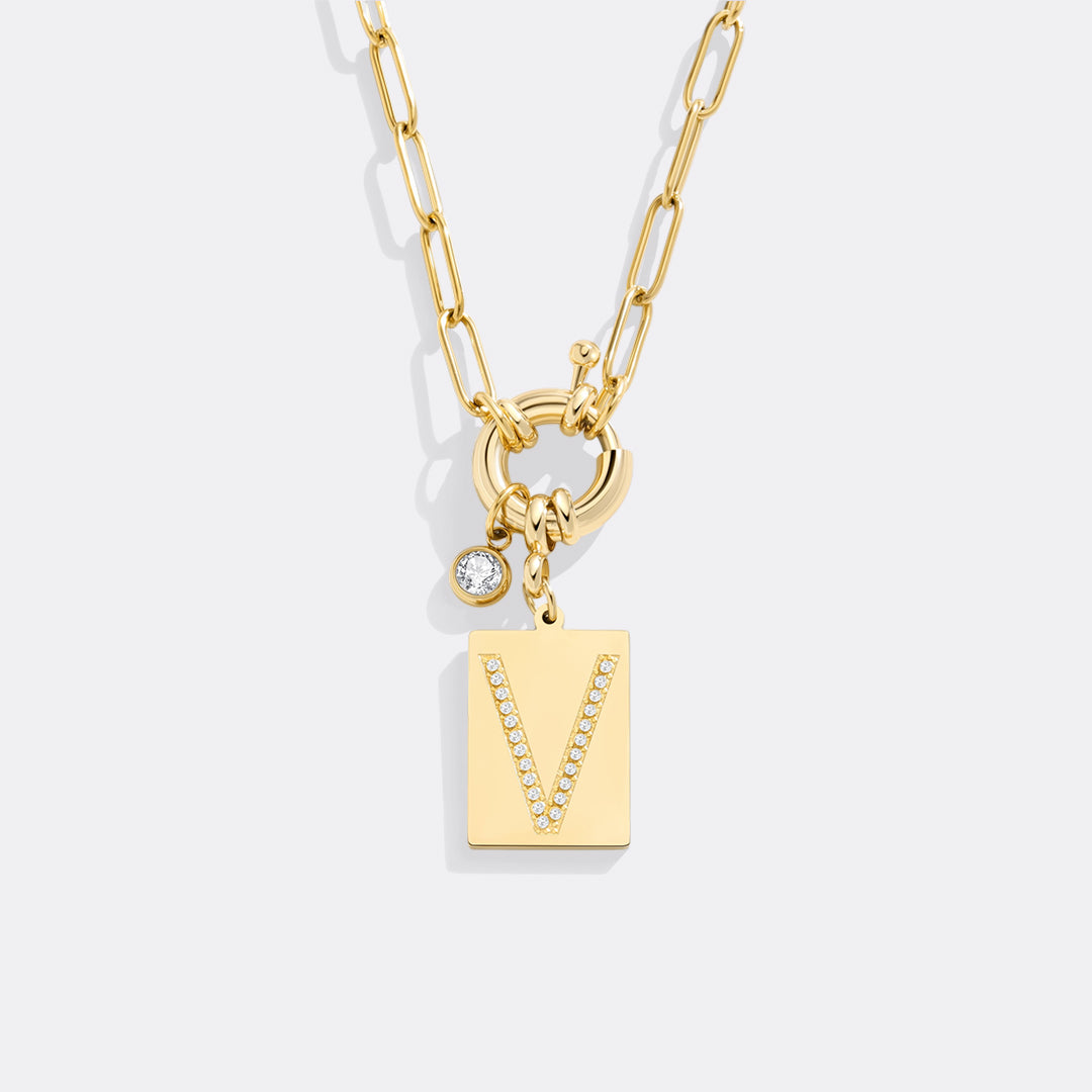 Gold Pave Initial Pendant Necklace with Paperclip Chain