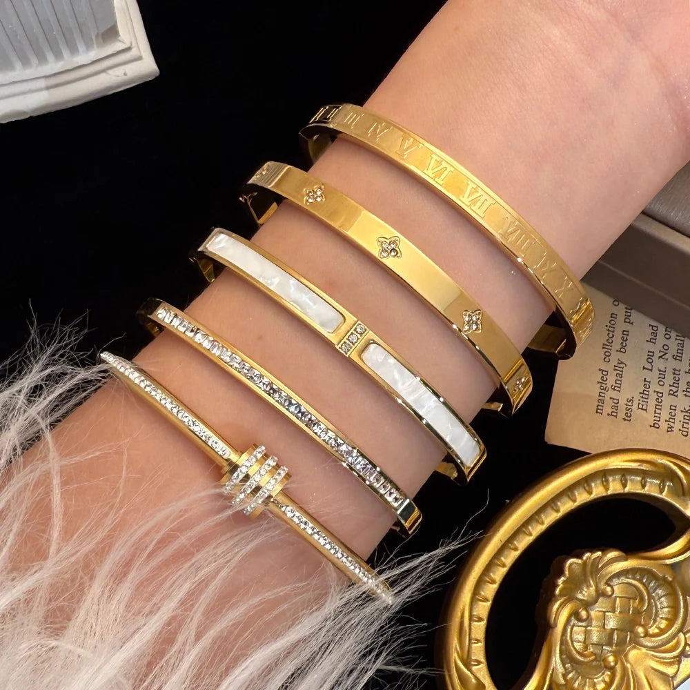 Elegant Zircon Bracelet Set – Waterproof Stainless Steel, Diamond-Cut Shine (1/5PCS)