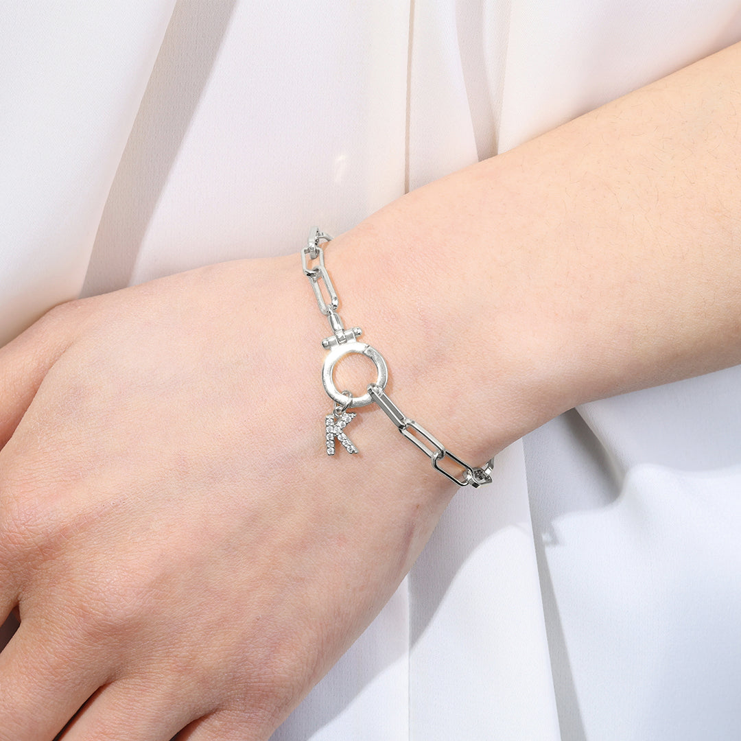 Mint Paperclip Bracelet with Pave Initial Charm