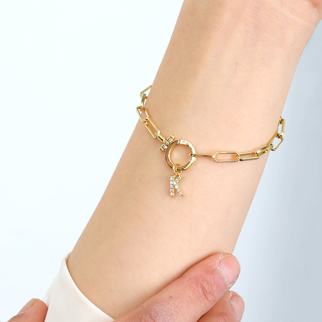 Mint Paperclip Bracelet with Pave Initial Charm