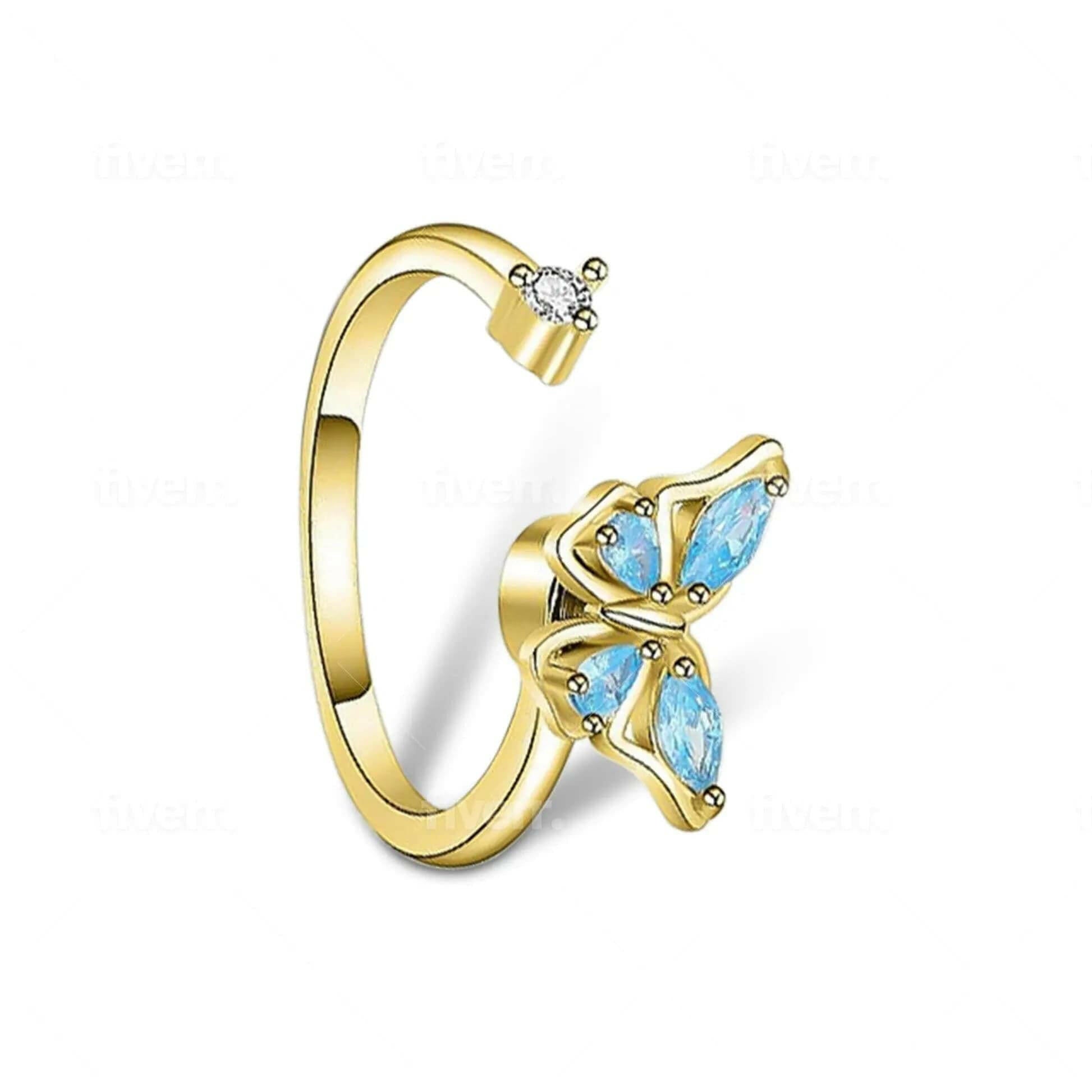 Gold Plated Blue Butterfly Fidget Spinner Ring