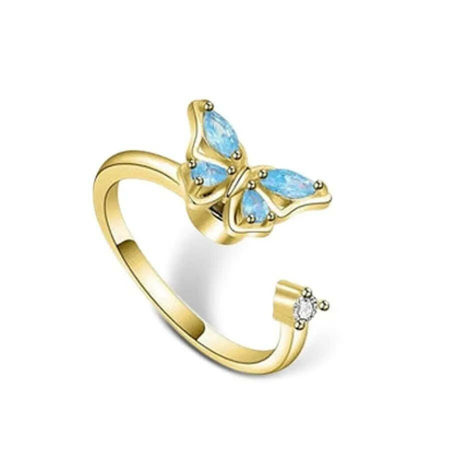 Gold Plated Blue Butterfly Fidget Spinner Ring