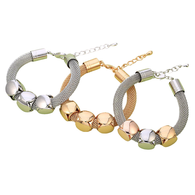 Tri-Tone Cube Charm Mesh Bracelet