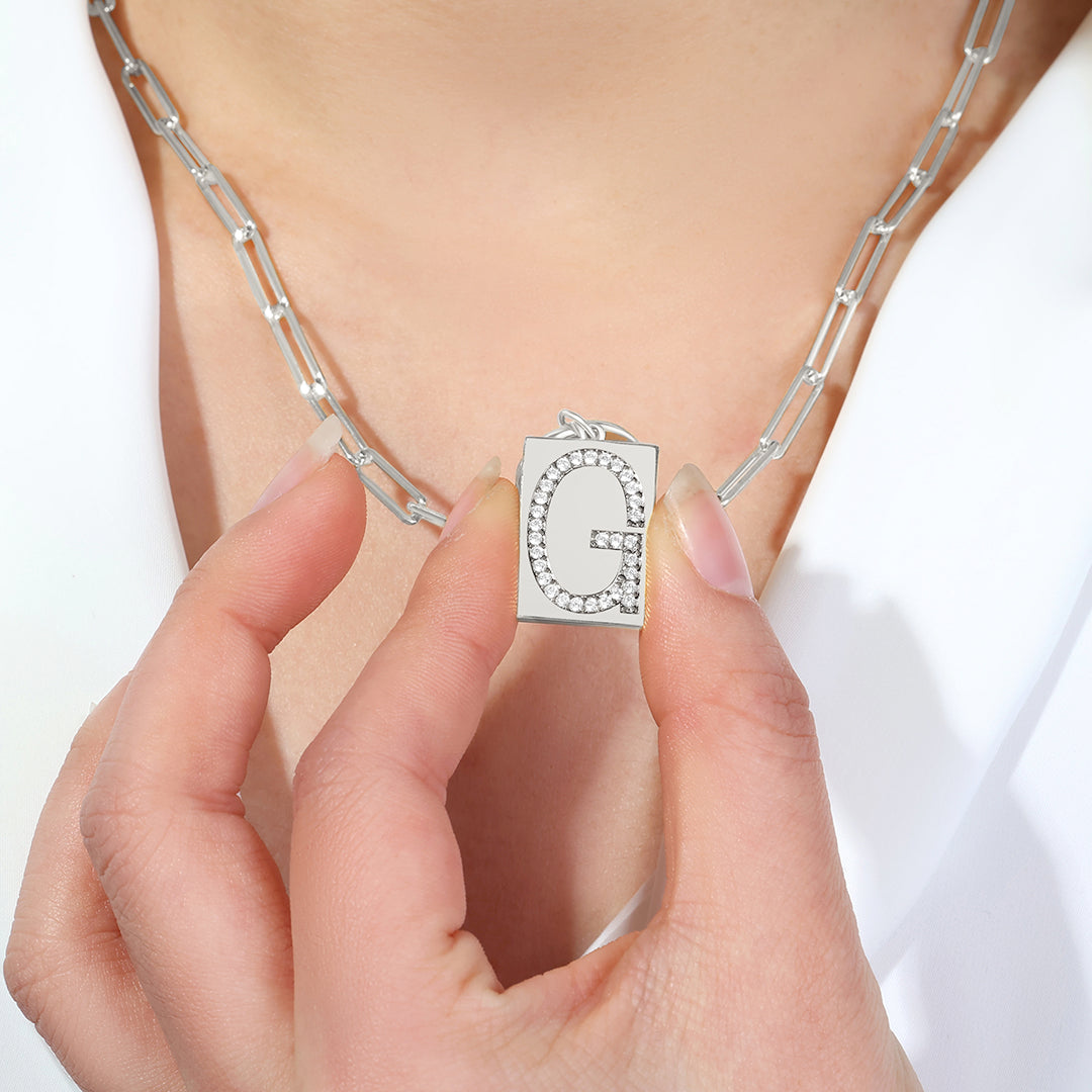 Sterling Silver Pavé Initial Necklace – Paperclip Chai