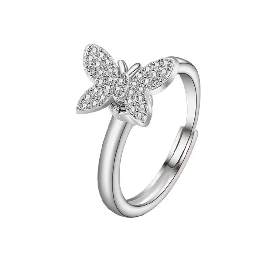 Silver Crystal Butterfly Fidget Ring