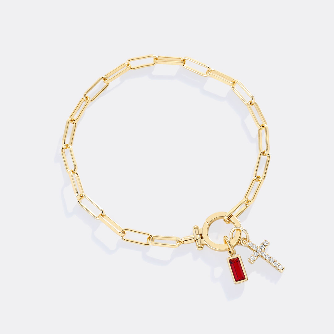 Cross Charm Birthstone Paperclip Bracelet