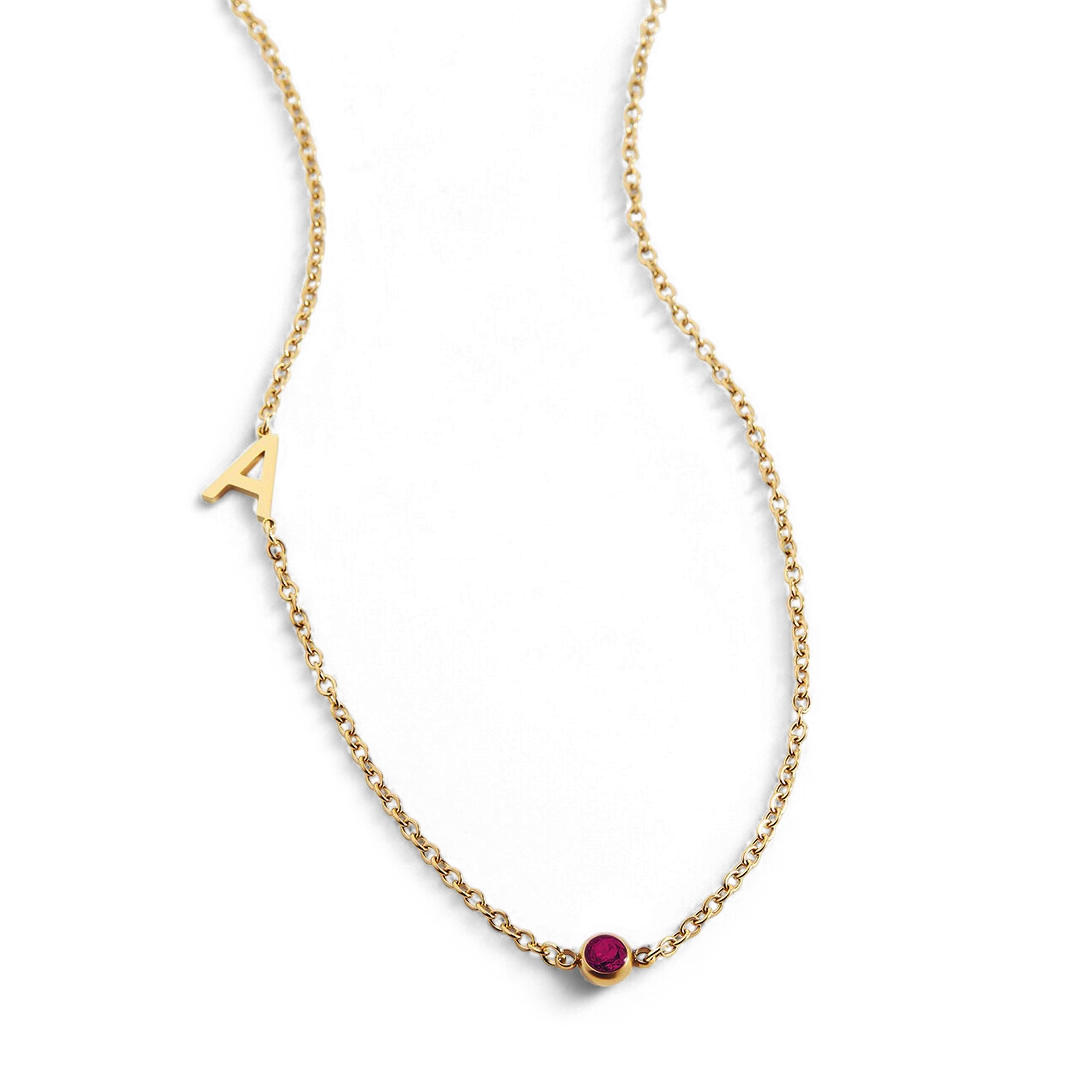 Initial Necklace with Birthstone Accent