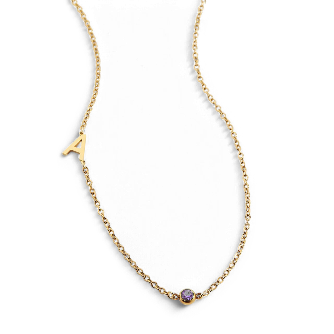 Initial Necklace with Birthstone Accent
