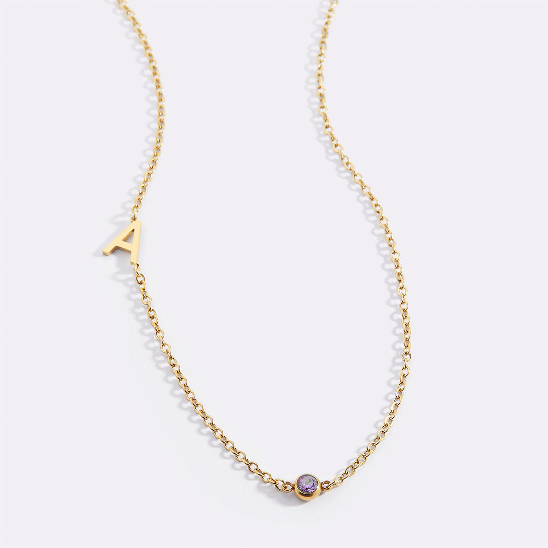 Initial Necklace with Birthstone Accent