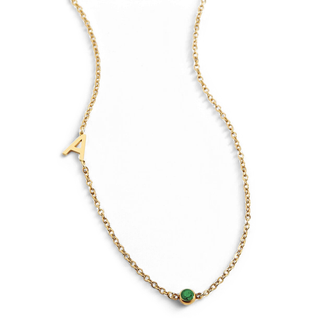 Initial Necklace with Birthstone Accent