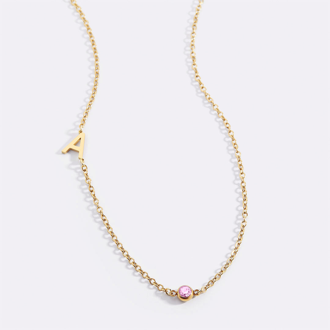 Initial Necklace with Birthstone Accent
