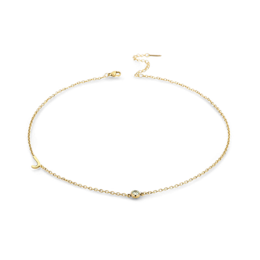 Initial Necklace with Birthstone Accent