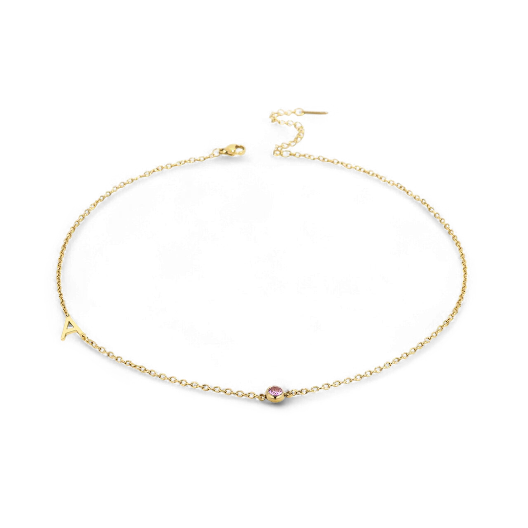 Initial Necklace with Birthstone Accent