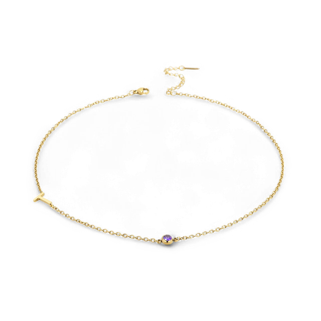 Initial Necklace with Birthstone Accent