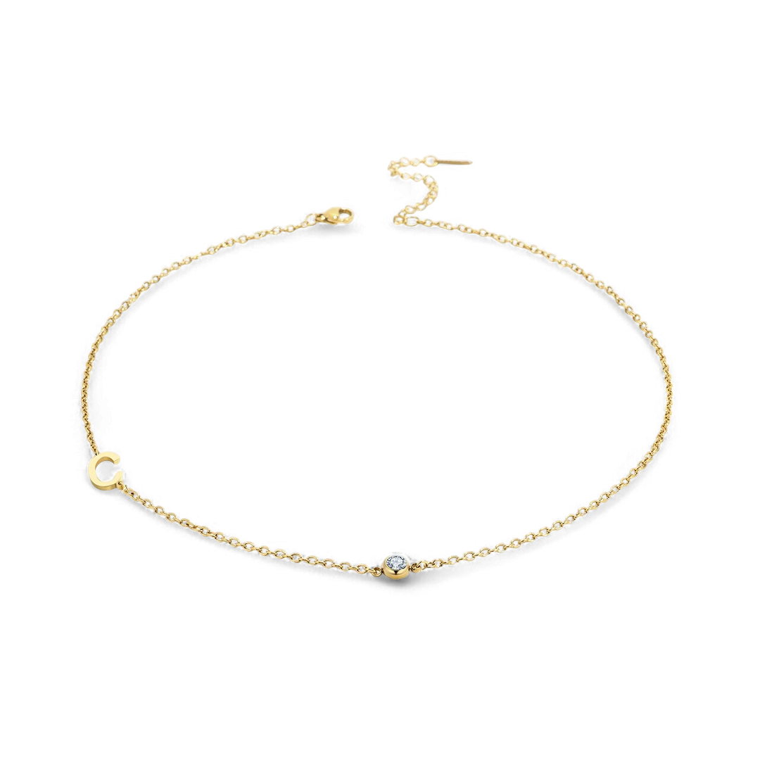 Initial Necklace with Birthstone Accent