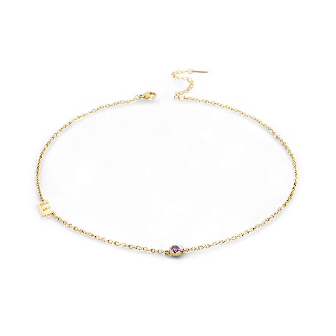 Initial Necklace with Birthstone Accent