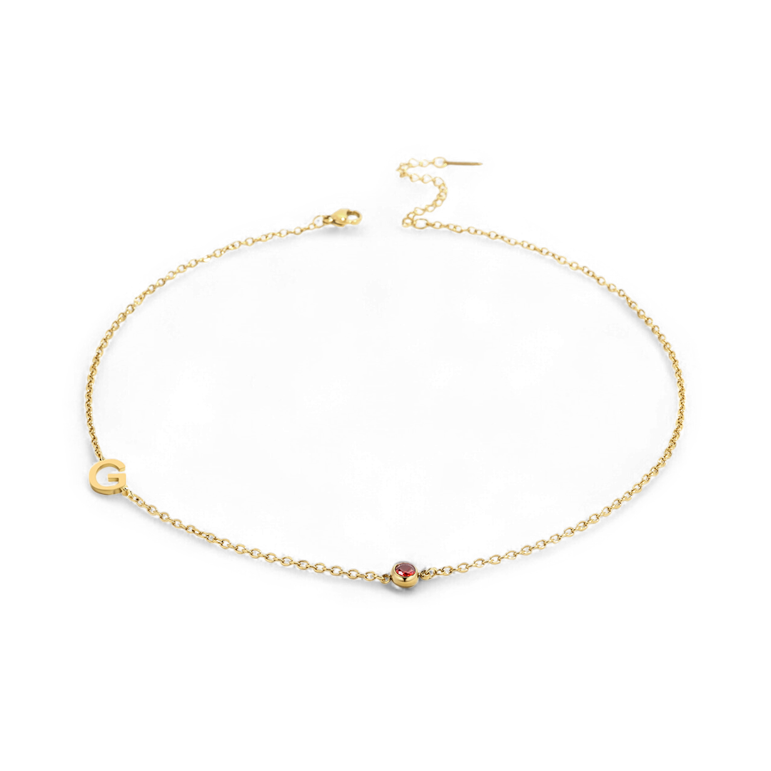 Initial Necklace with Birthstone Accent