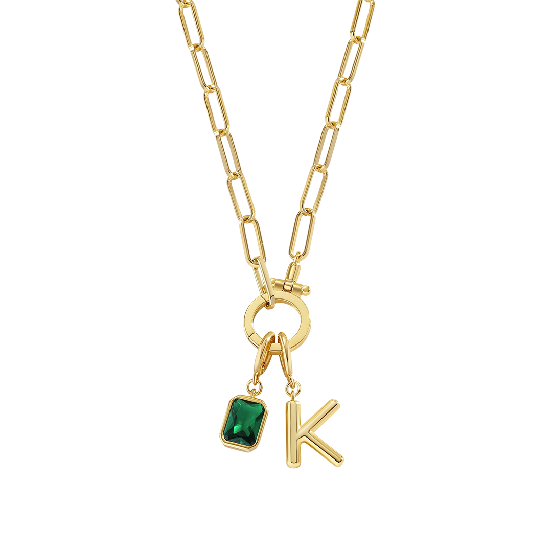 Mint Paperclip Necklace with Initial & Birthstone Charm