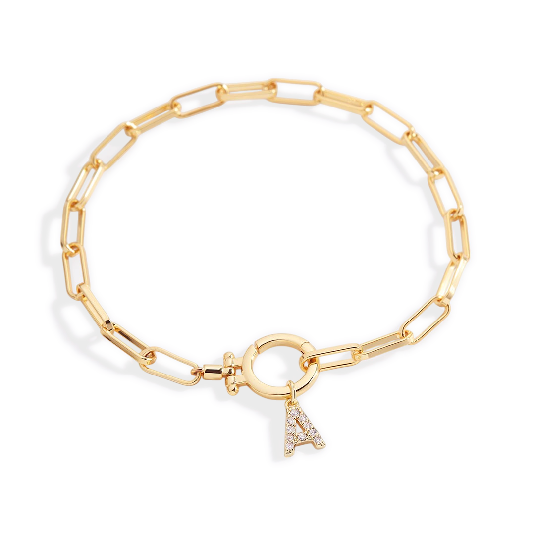 Mint Paperclip Bracelet with Pave Initial Charm