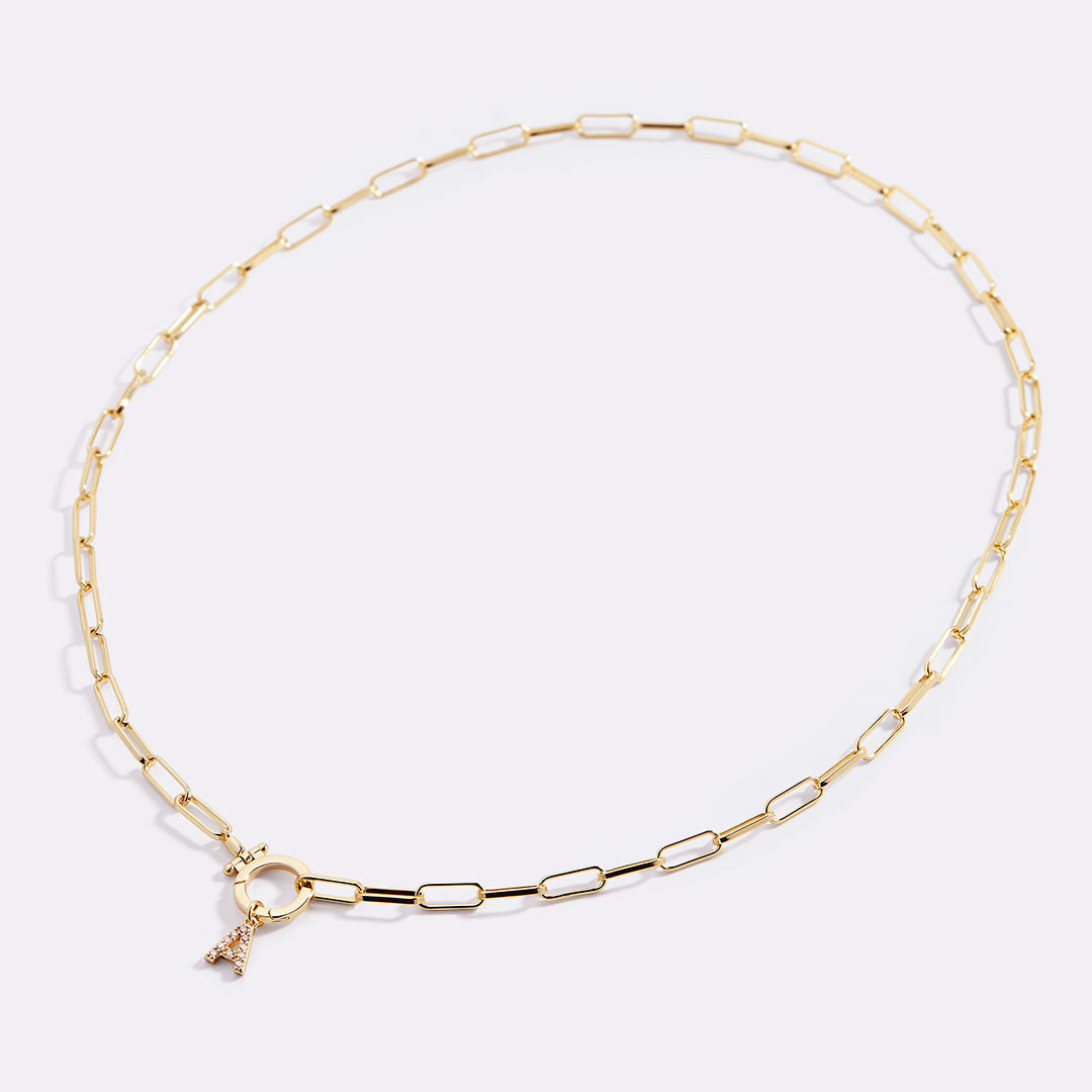 Mint Paperclip Necklace with Pave Initial Charm