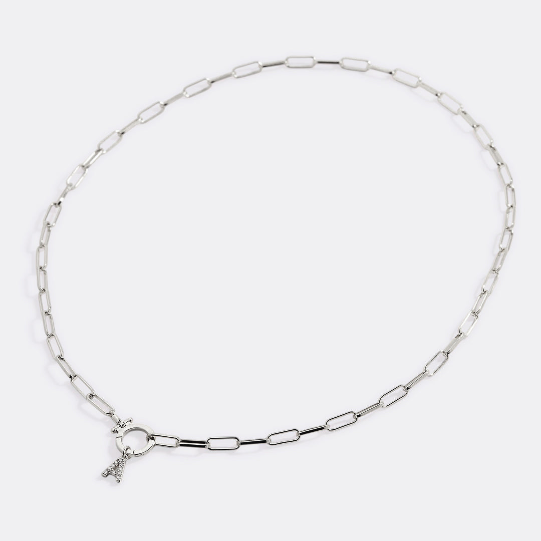 Mint Paperclip Necklace with Pave Initial Charm