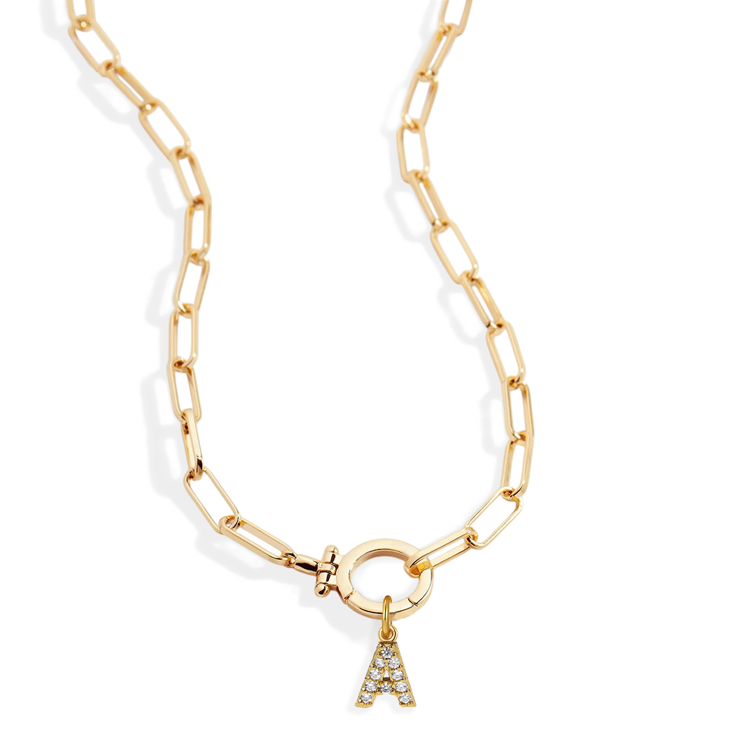 Mint Paperclip Necklace with Pave Initial Charm