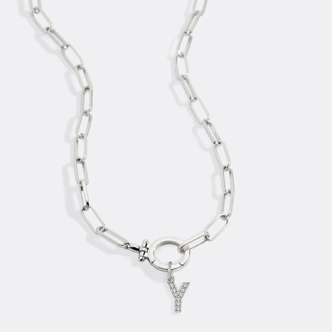 Mint Paperclip Necklace with Pave Initial Charm