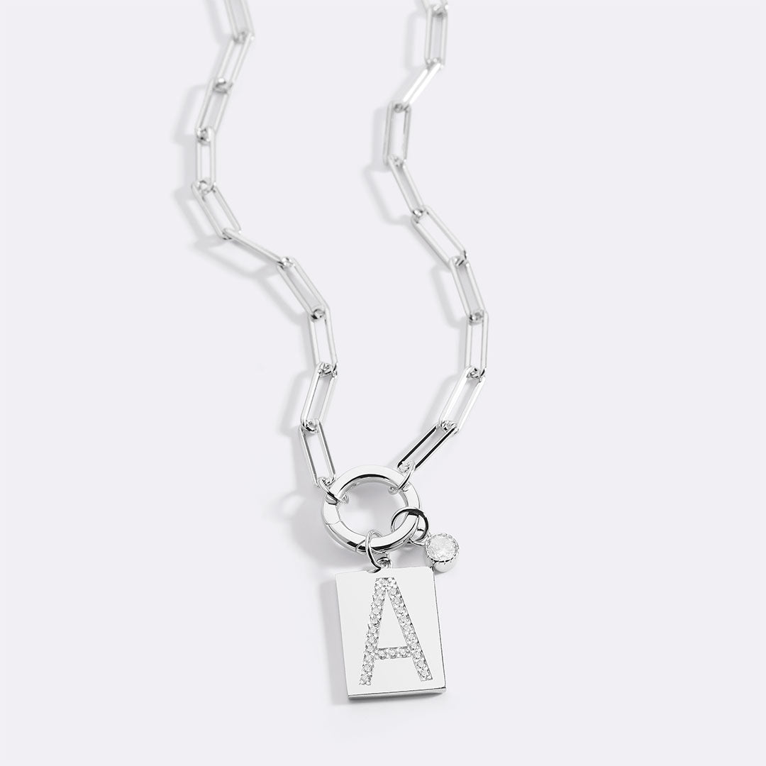 Sterling Silver Pavé Initial Necklace – Paperclip Chai