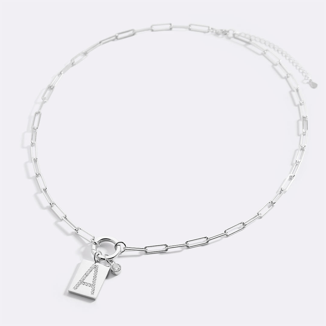 Sterling Silver Pavé Initial Necklace – Paperclip Chai