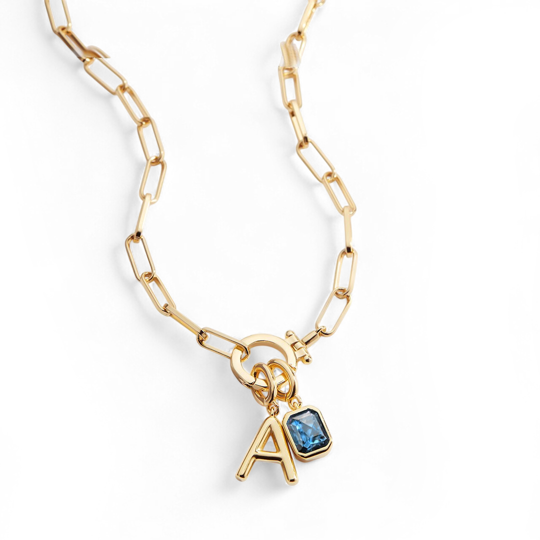 Mint Paperclip Necklace with Initial & Birthstone Charm