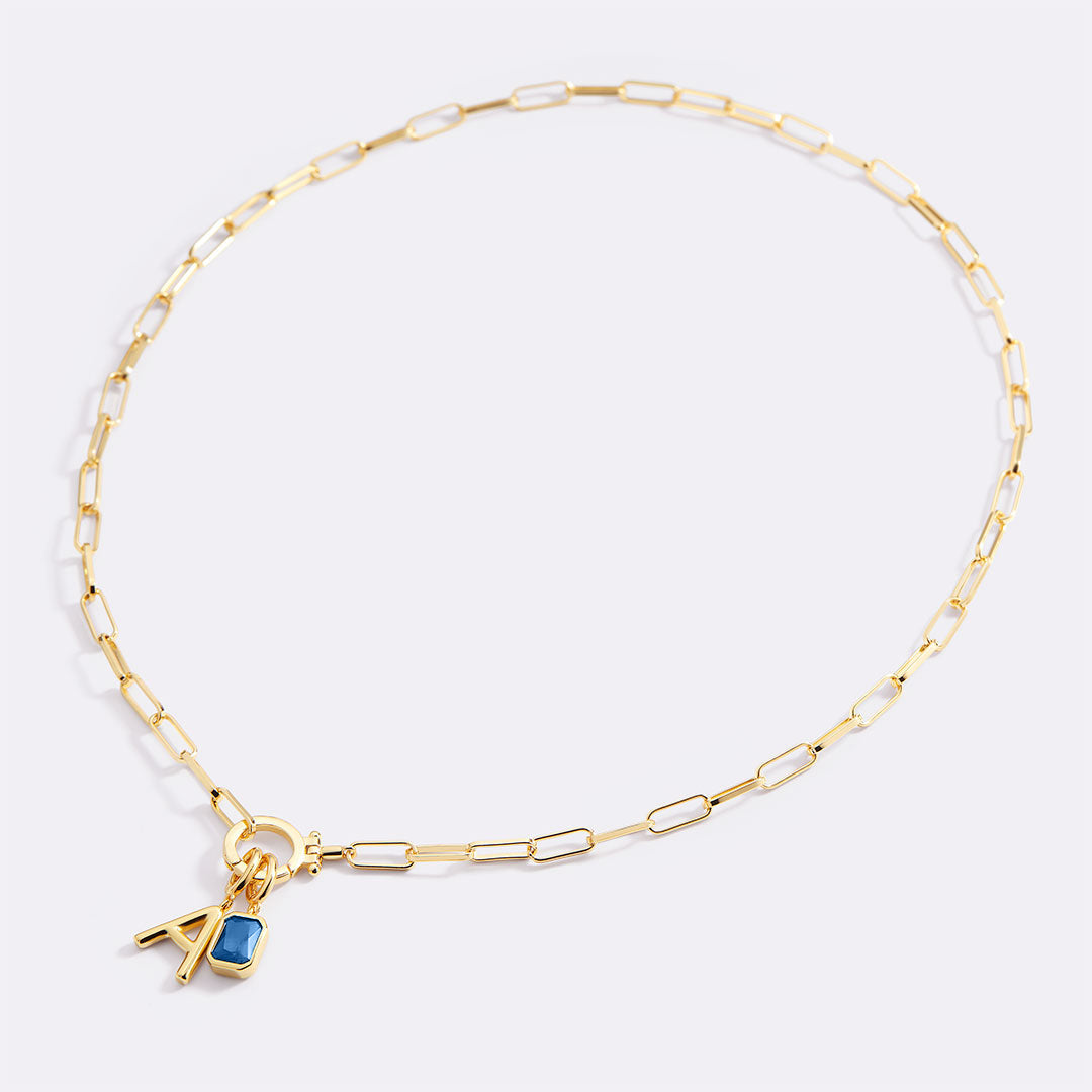 Mint Paperclip Necklace with Initial & Birthstone Charm