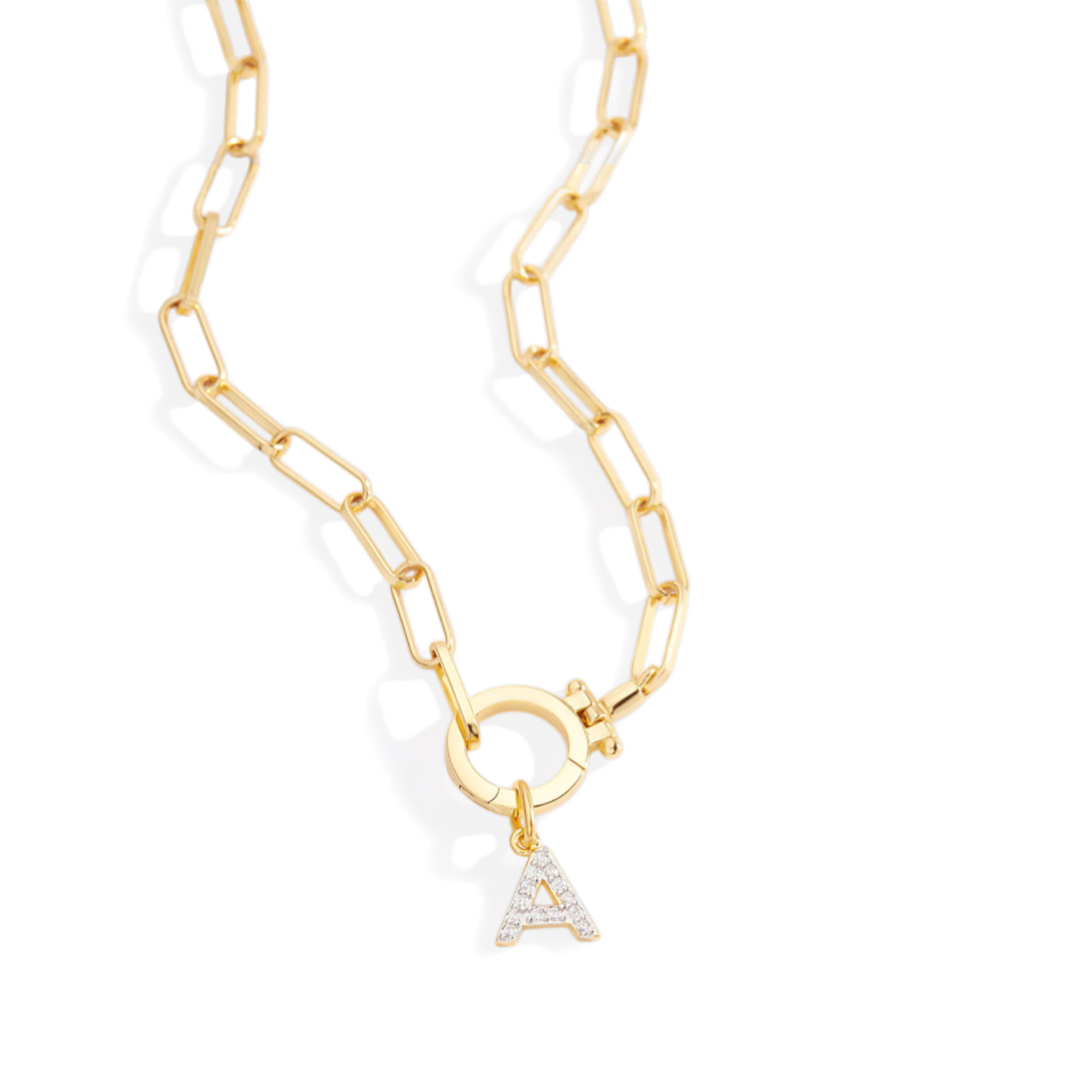 Mint Paperclip Necklace with Pave Initial Charm