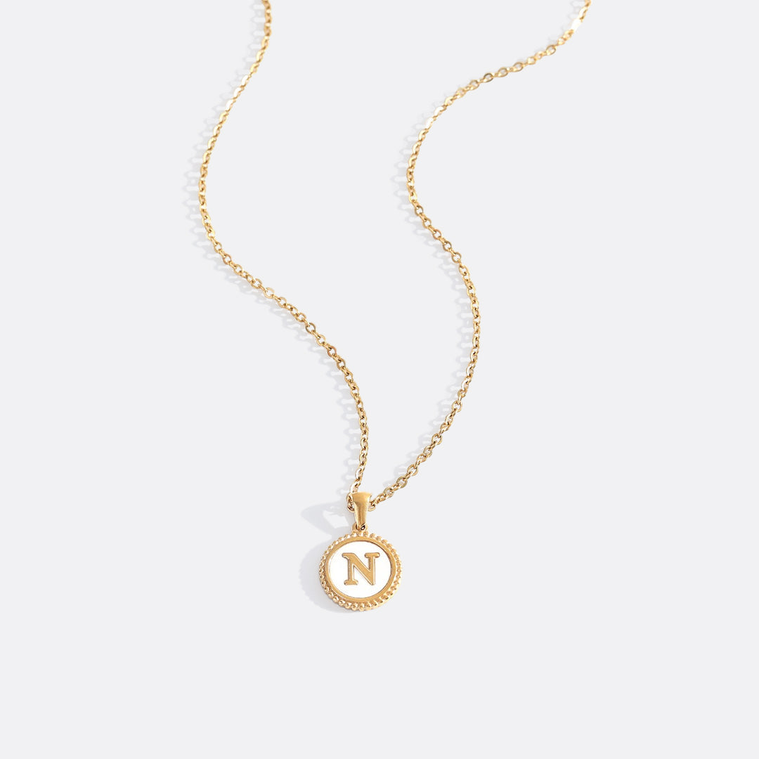 Mother of Pearl Disc Letter Necklace with Cable Chain