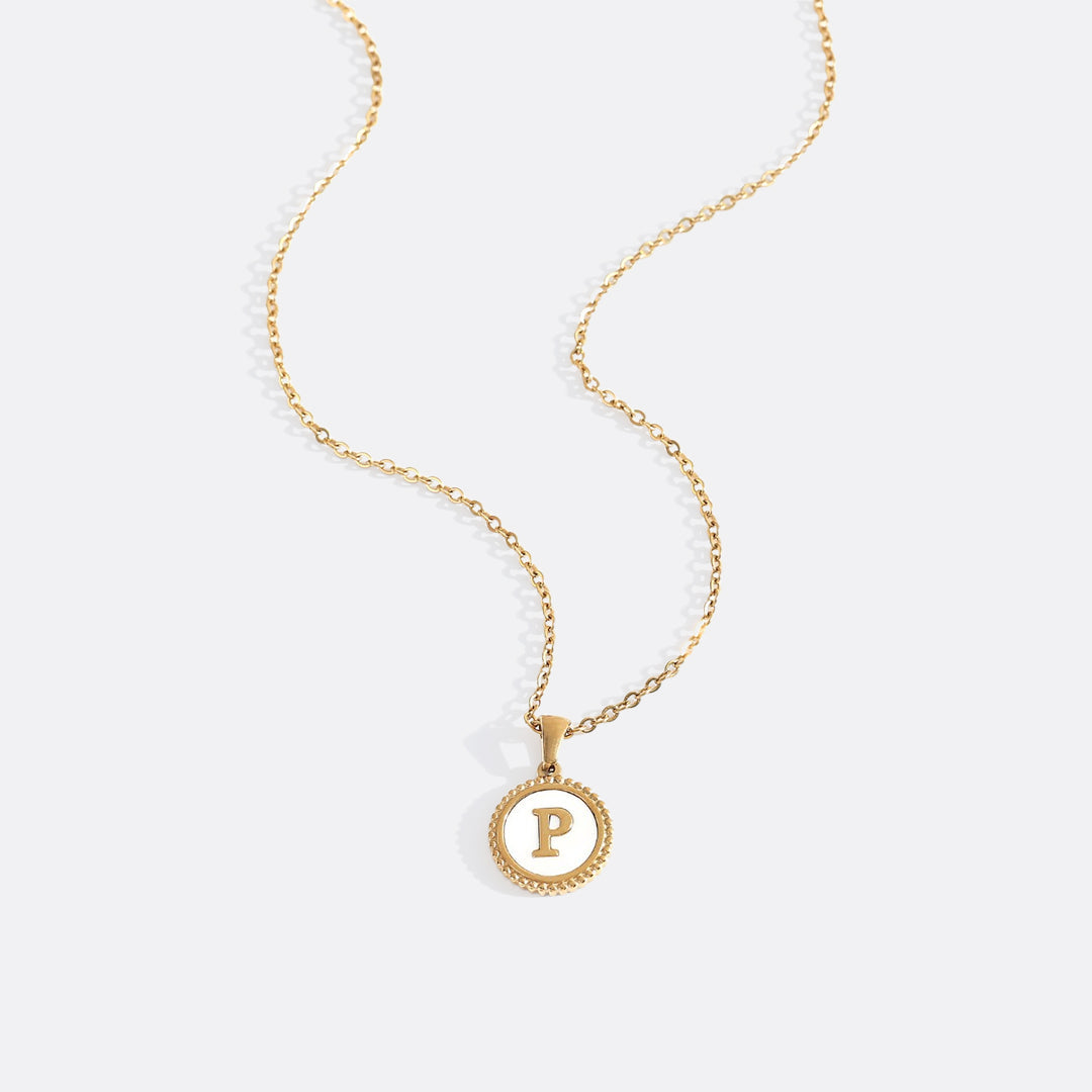 Mother of Pearl Disc Letter Necklace with Cable Chain