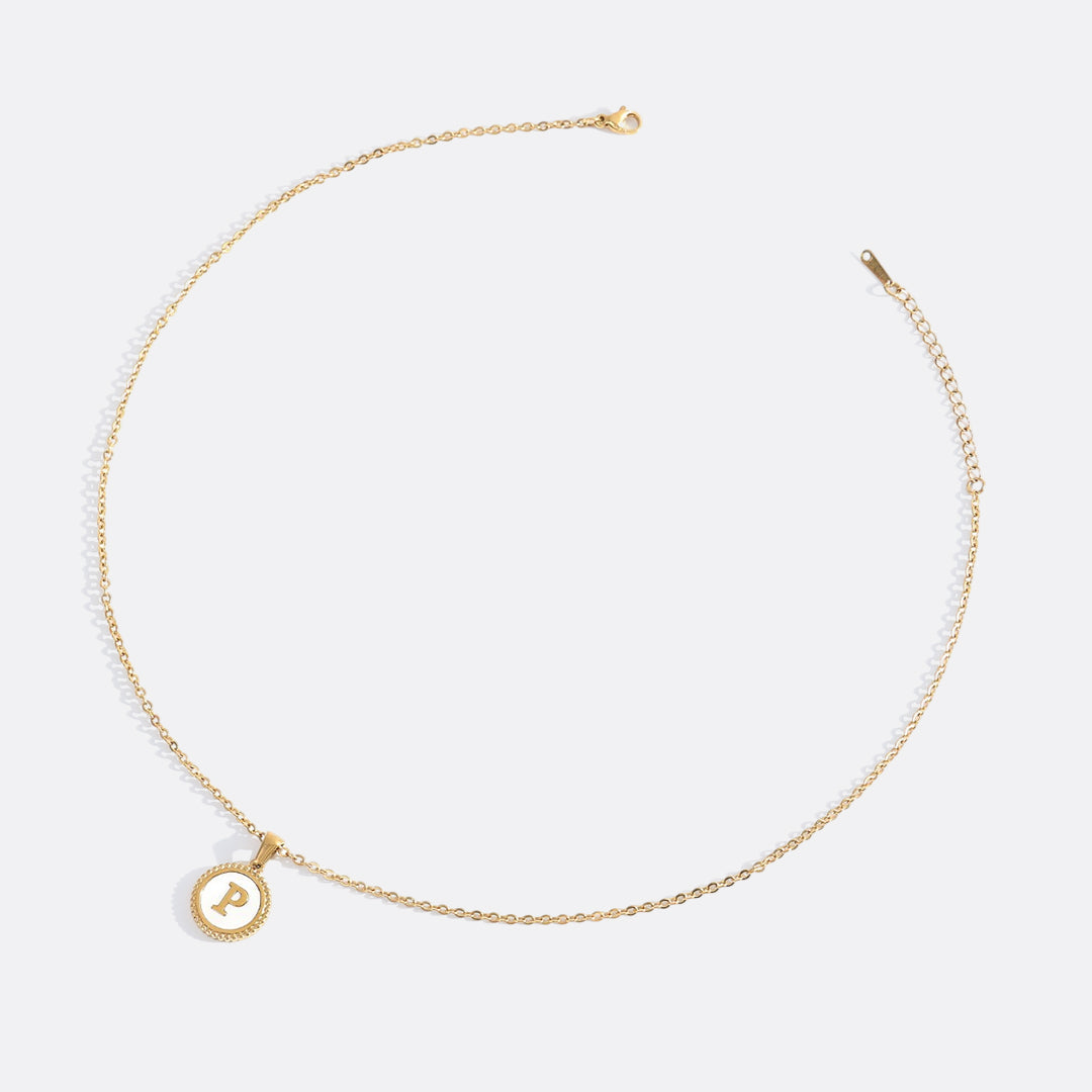 Mother of Pearl Disc Letter Necklace with Cable Chain