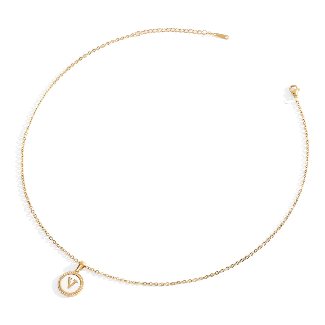 Mother of Pearl Disc Letter Necklace with Cable Chain