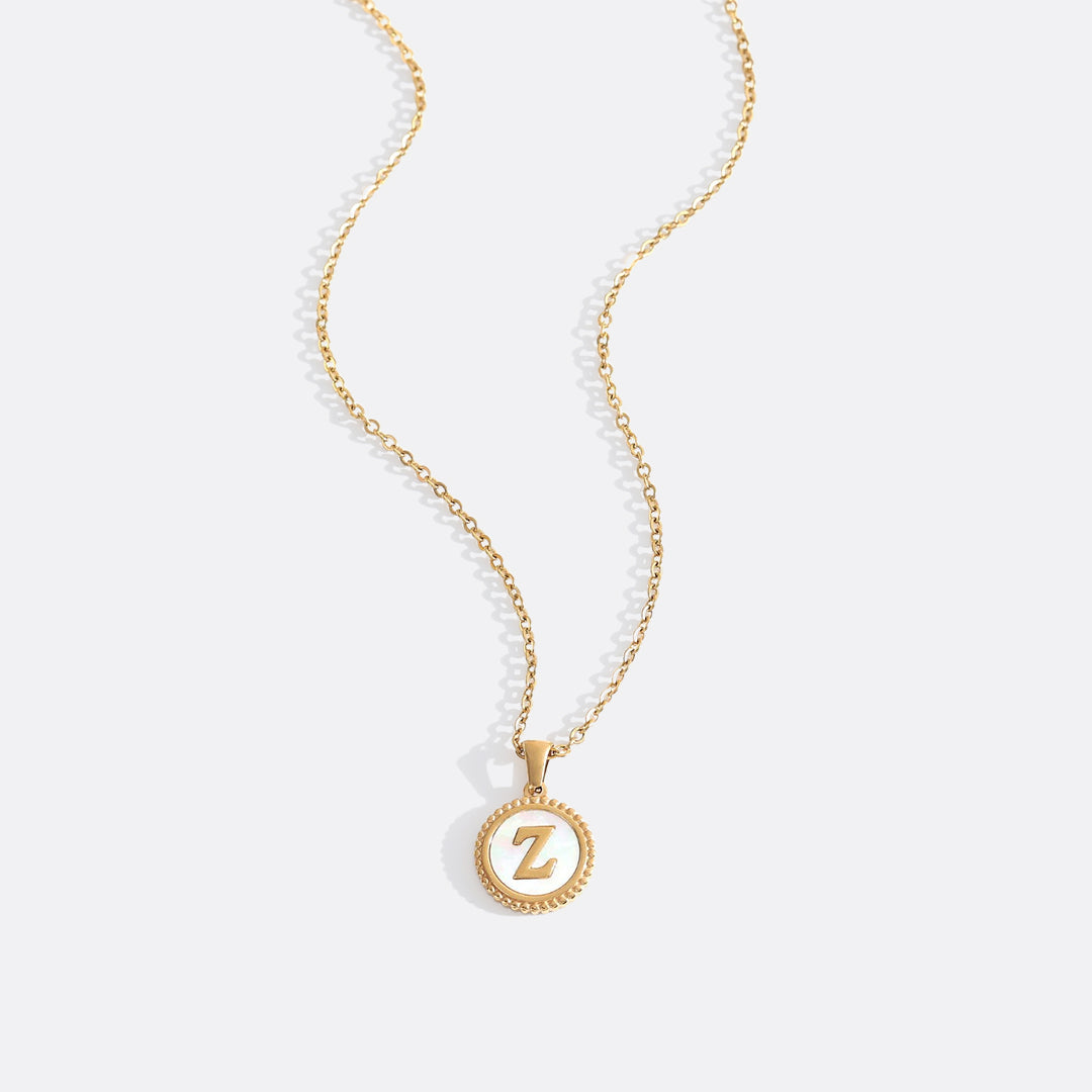 Mother of Pearl Disc Letter Necklace with Cable Chain