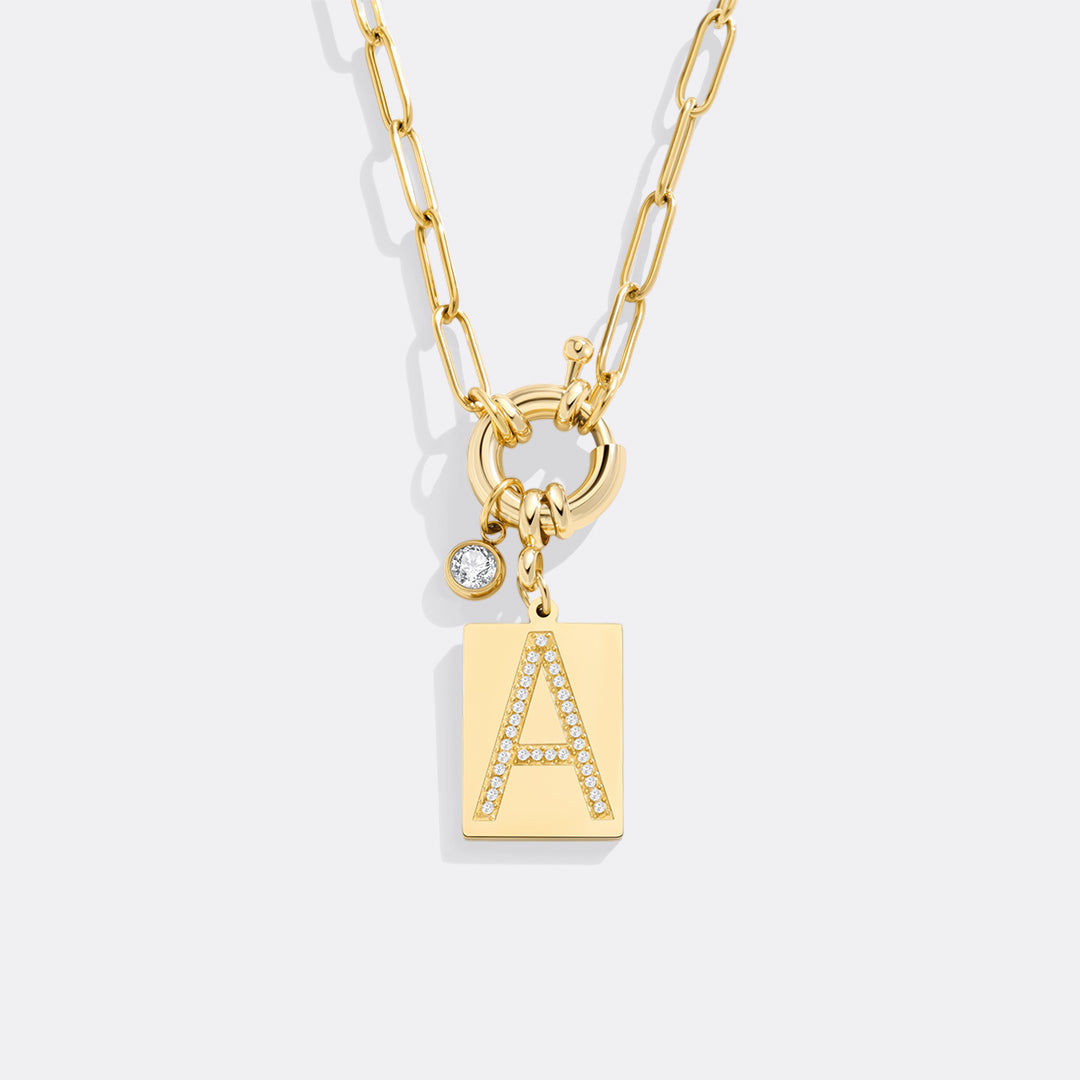 Gold Pave Initial Pendant Necklace with Paperclip Chain