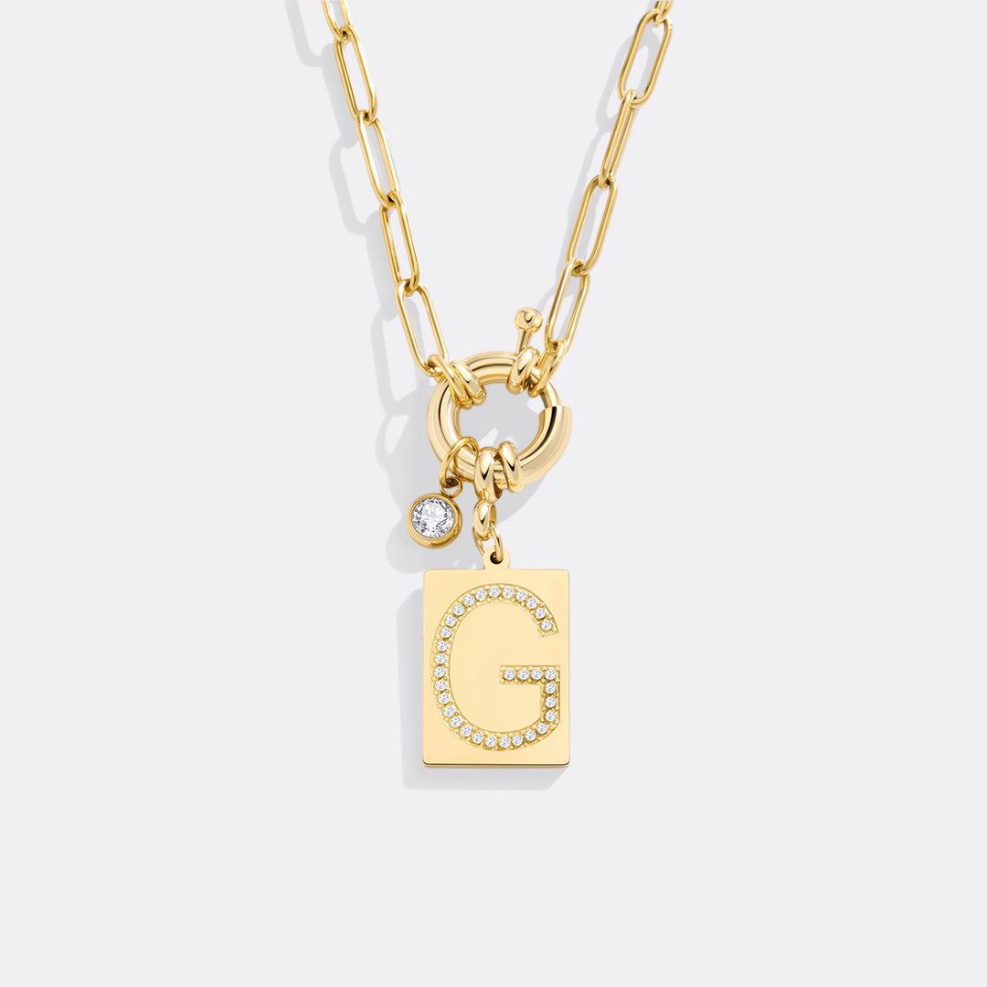 Gold Pave Initial Pendant Necklace with Paperclip Chain