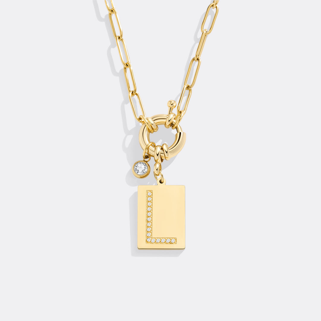 Gold Pave Initial Pendant Necklace with Paperclip Chain