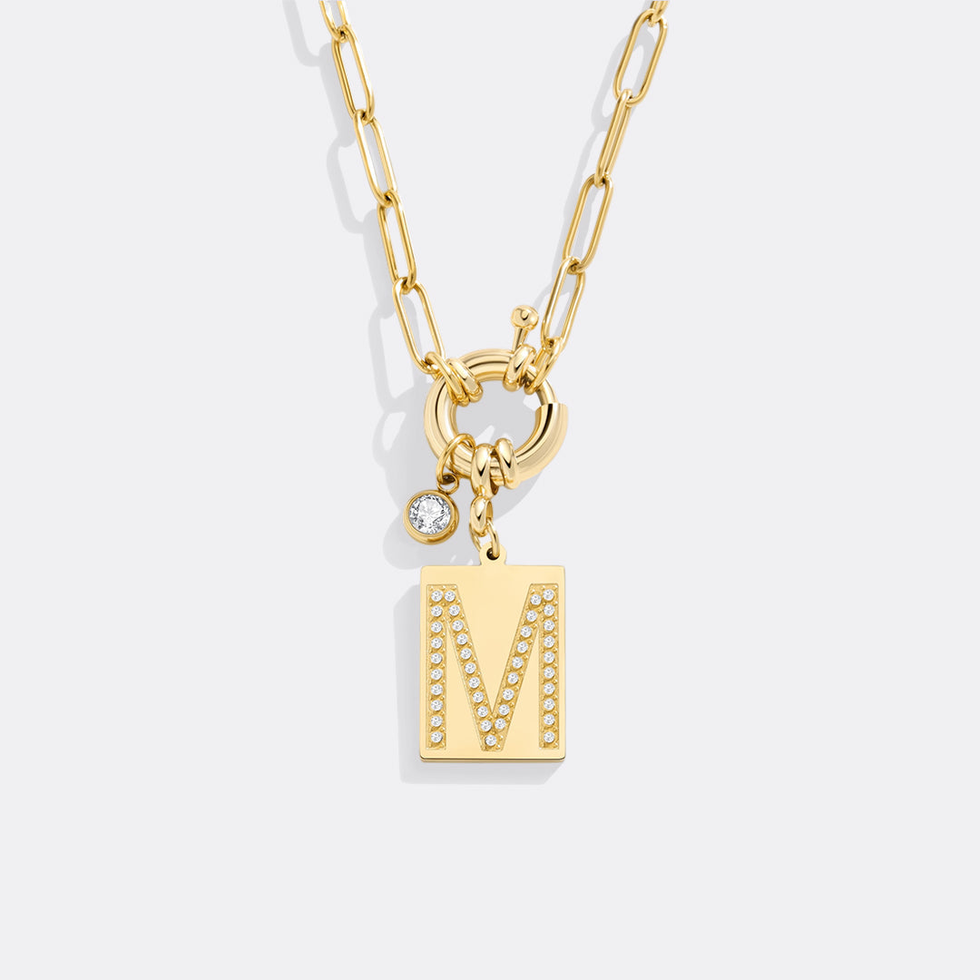 Gold Pave Initial Pendant Necklace with Paperclip Chain
