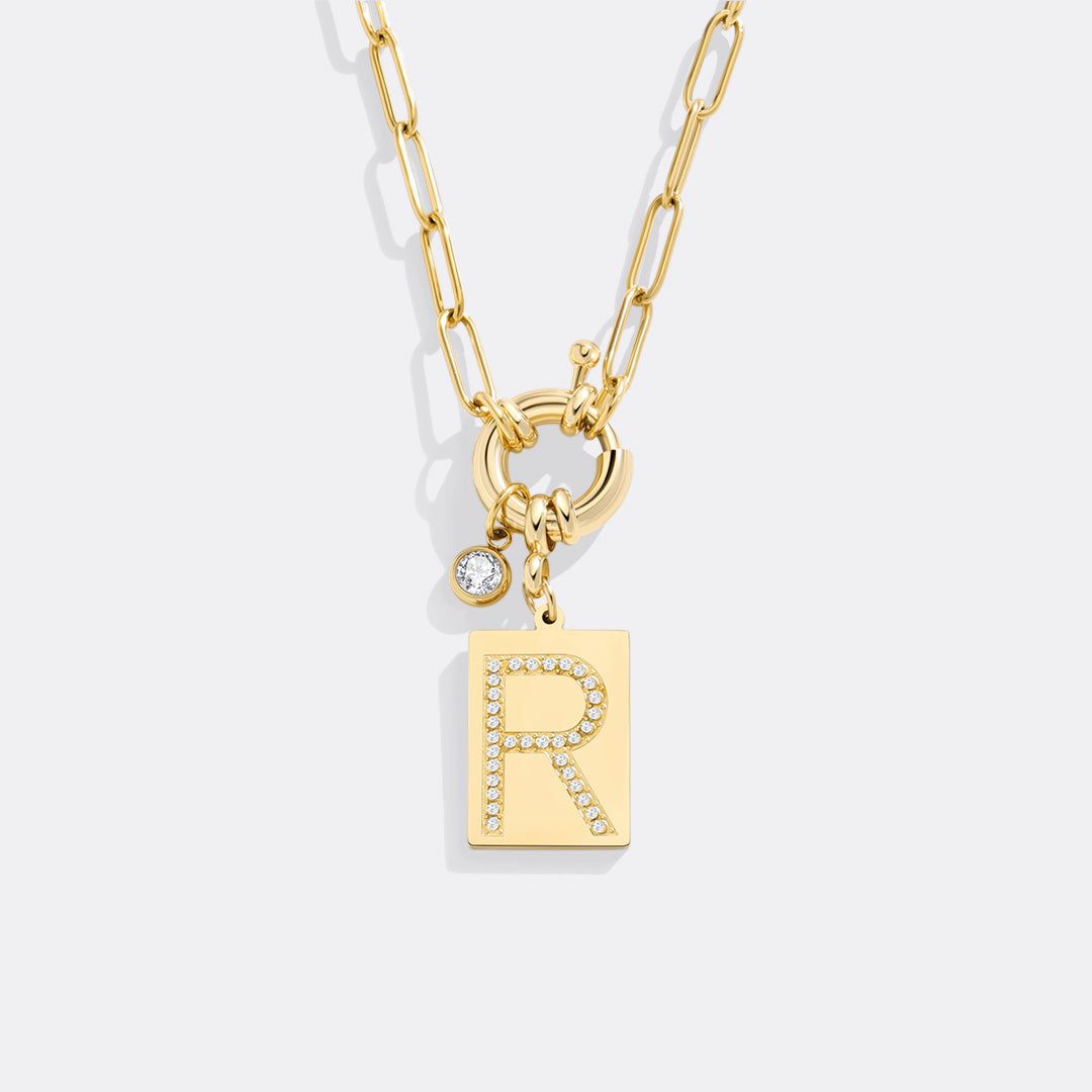Gold Pave Initial Pendant Necklace with Paperclip Chain