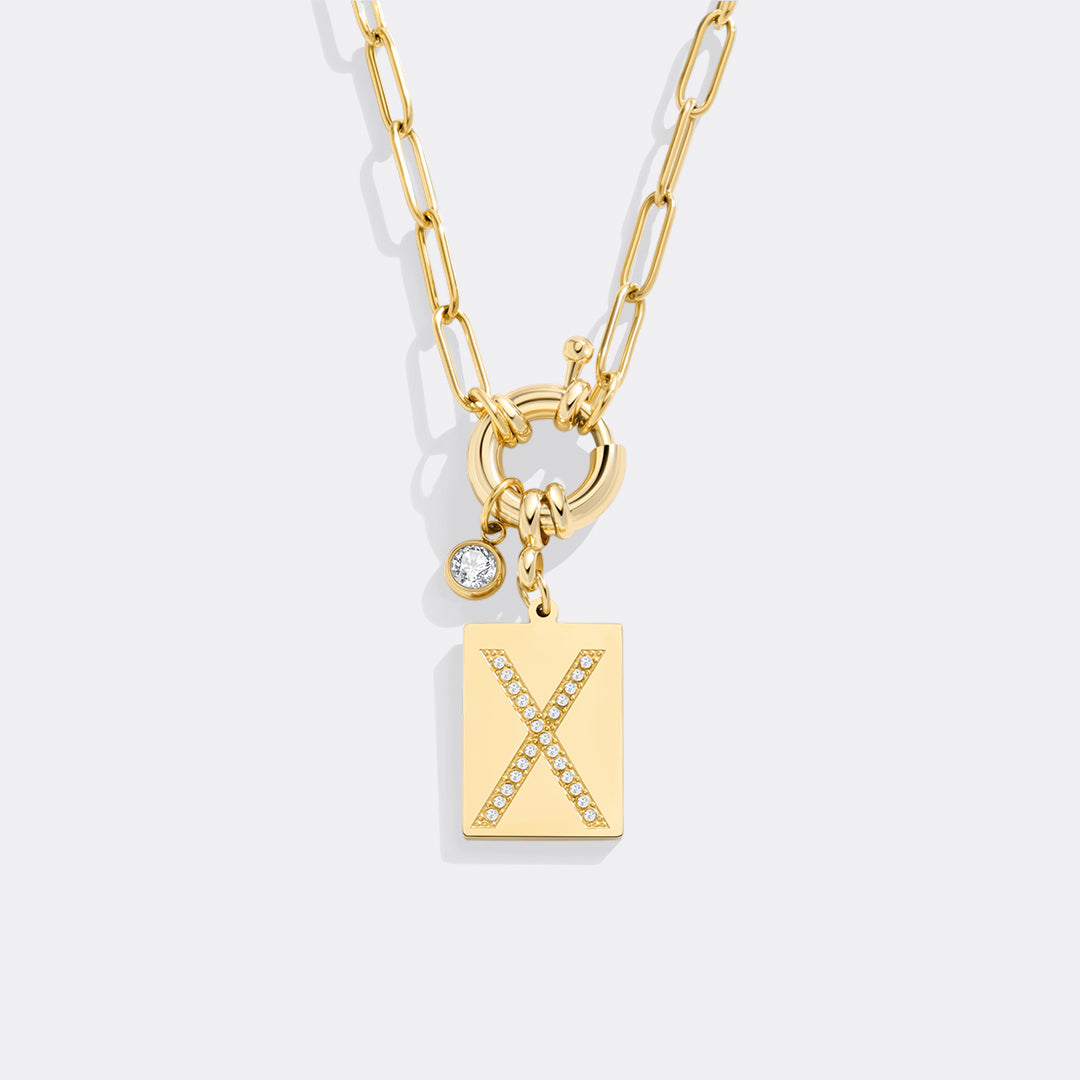Gold Pave Initial Pendant Necklace with Paperclip Chain
