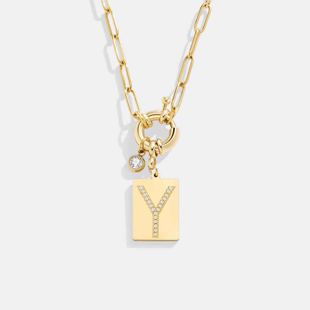 Gold Pave Initial Pendant Necklace with Paperclip Chain
