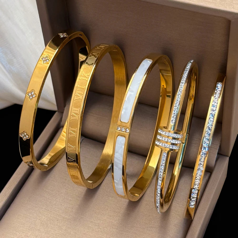 Elegant Zircon Bracelet Set – Waterproof Stainless Steel, Diamond-Cut Shine (1/5PCS)