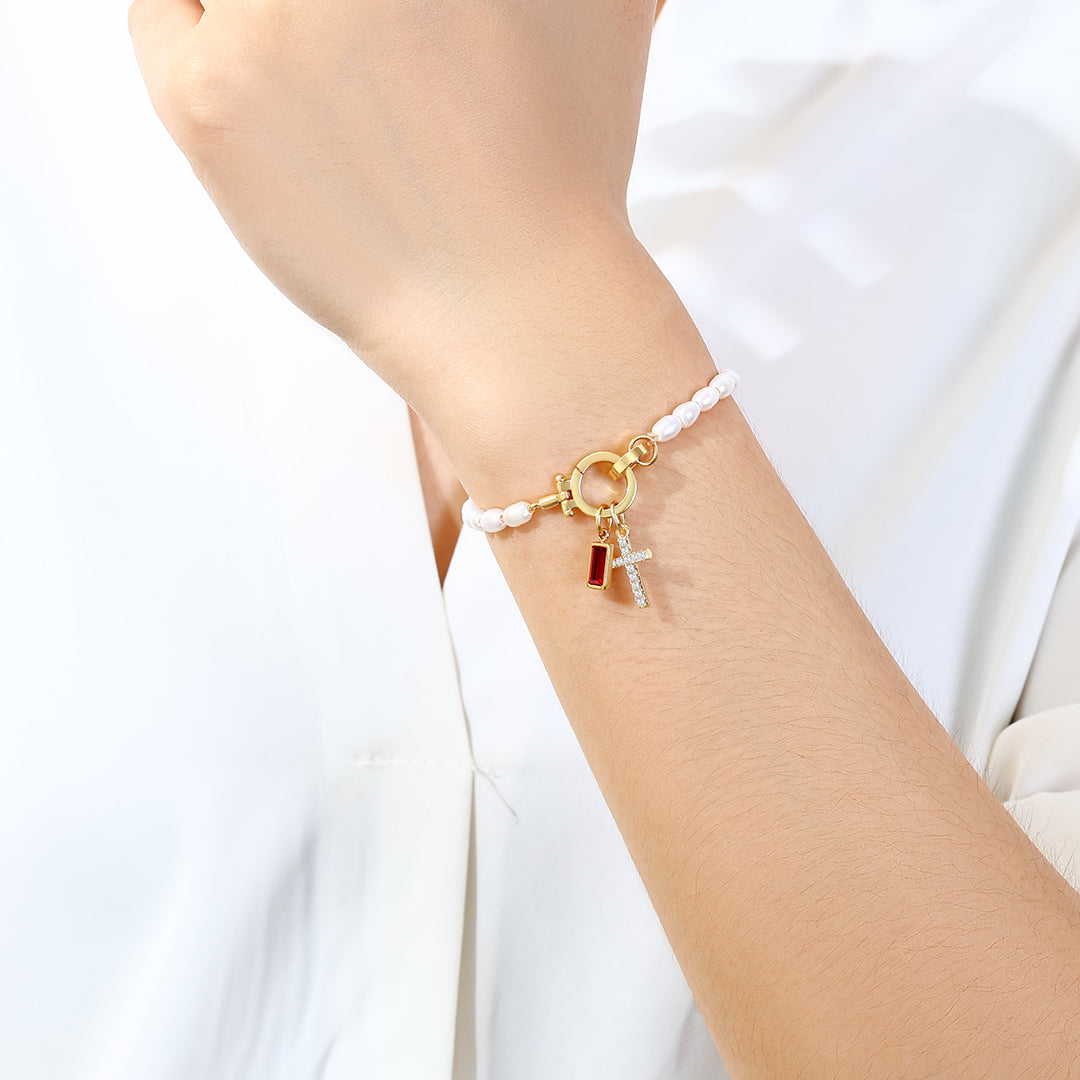 Pearl Cross Charm Bracelet