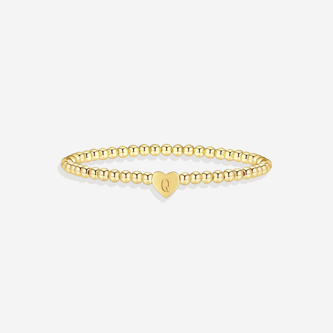 Gold Beaded Bracelet with Heart Initial