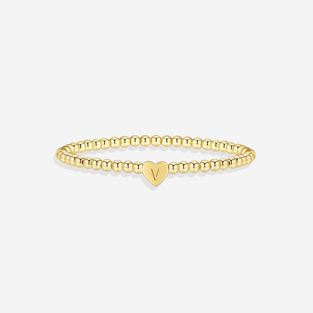 Gold Beaded Bracelet with Heart Initial