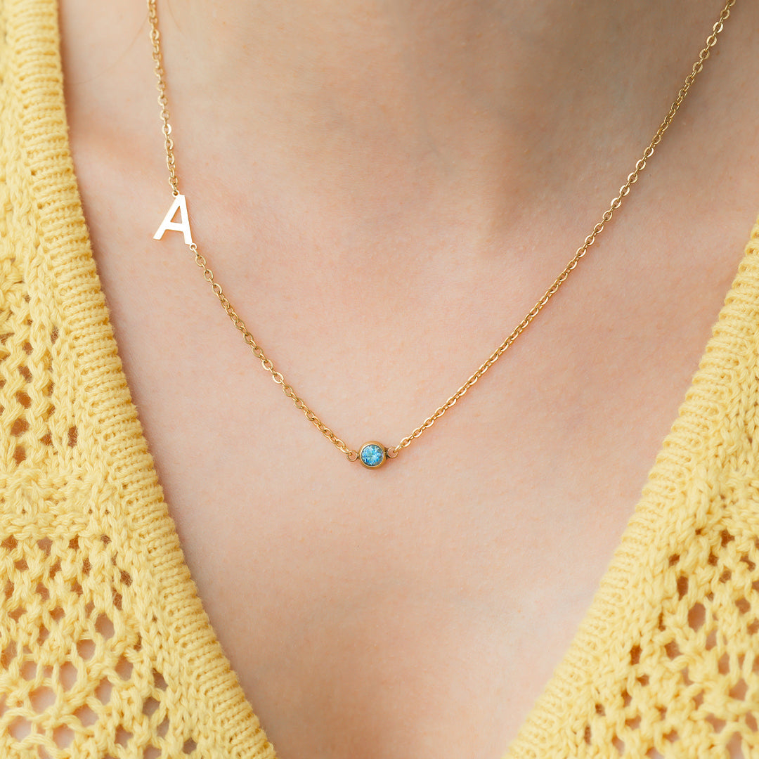 Initial Necklace with Birthstone Accent